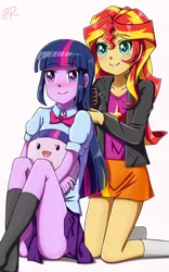 Size: 750x1200 | Tagged: safe, artist:tastyrainbow, derpibooru import, sunset shimmer, twilight sparkle, equestria girls, blushing, butt, clothes, cute, duo, happy, pleated skirt, schrödinger's pantsu, simple background, skirt, socks, twibutt, upskirt denied, white background