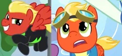 Size: 981x455 | Tagged: safe, derpibooru import, edit, screencap, short fuse, pegasus, pony, the washouts (episode), top bolt, clothes, flying, goggles, male, smiling, smirk, solo, stallion, uniform, washouts uniform