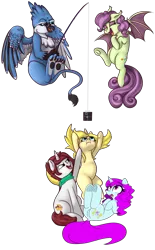 Size: 2573x4155 | Tagged: safe, artist:niggerdrawfag, artist:xchan, derpibooru import, oc, oc:annabelle (zizzydizzymc), oc:blooming corals, oc:cotton coax, oc:lafiri, oc:spooky treats, bat pony, gryphon, pony, unicorn, 2019 community collab, derpibooru community collaboration, bat pony oc, bat wings, blind, dock, eyes closed, female, fishing, fishing rod, floppy disk, flying, frog (hoof), griffon oc, laughing, looking up, open mouth, paws, pointing, reaching, redraw, simple background, sitting, transparent background, underhoof, underpaw, wings