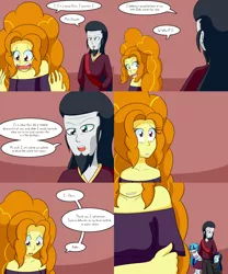 Size: 2000x2400 | Tagged: safe, artist:jake heritagu, derpibooru import, adagio dazzle, chancellor neighsay, sonata dusk, oc, oc:dolly dusk, comic:aria's archives, equestria girls, clothes, comic, dagger to the heart, dialogue, dress, equestria girls-ified, female, laughing, male, parent:chancellor neighsay, parent:sonata dusk, sad, sonata needs all of her ass kicked, speech bubble