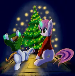 Size: 1700x1735 | Tagged: safe, artist:mistleinn, derpibooru import, oc, oc:littlepip, oc:littlepip's mother, pony, unicorn, fallout equestria, fanfic, christmas, christmas lights, christmas tree, clothes, cutie mark, duo, fanfic art, female, glowing horn, happy, holiday, hooves, horn, magic, mare, mother and child, mother and daughter, sitting, sweater, teddy bear, telekinesis, tree