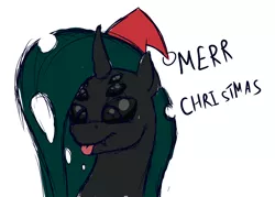 Size: 2480x1772 | Tagged: safe, artist:rubiont, derpibooru import, oc, oc:cydelcia ádlíeg, unofficial characters only, changeling, original species, spider, spiderling, merry christmas, simple background, solo, tongue out