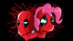 Size: 4622x2600 | Tagged: artist:theimmolatedpoet, blood splatter, bust, crossover, crossover shipping, deadpool, derpibooru import, duo, female, male, pinkie pie, pinkiepool, pinkiepool (pairing), portrait, safe, straight