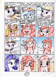 Size: 2550x3509 | Tagged: safe, artist:40kponyguy, derpibooru import, applejack, pinkie pie, rainbow dash, rarity, twilight sparkle, twilight sparkle (alicorn), alicorn, earth pony, human, pegasus, pony, unicorn, 40kponyguy's the staff of aurelian, beard, bonk, comic, crossover, derp, dialogue, facial hair, female, floppy ears, frown, hangover, happy, lidded eyes, looking down, mare, meme origin, open mouth, pinkamena diane pie, ruins, sad, shocked, smiling, speech bubble, throwing, traditional art, warhammer (game), warhammer 40k, wide eyes