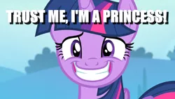 Size: 1600x900 | Tagged: alicorn, awkward smile, bronybait, caption, derpibooru import, edit, edited screencap, image macro, it's a trap, nervous, poker face, safe, screencap, solo, text, to where and back again, twilight sparkle, twilight sparkle (alicorn)