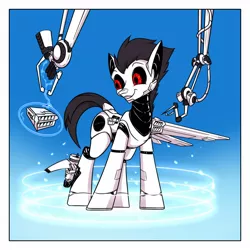 Size: 1300x1300 | Tagged: safe, artist:change, derpibooru import, oc, oc:rubiont, unofficial characters only, pegasus, pony, robot, robot pony, aperture science, mechanical hands, modernization, portal (valve), solo, wings