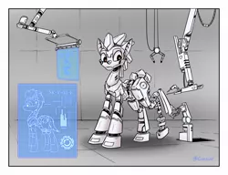 Size: 1300x1000 | Tagged: safe, artist:change, derpibooru import, oc, oc:rubiont, unofficial characters only, pony, robot, robot pony, aperture science, modernization, portal (valve)