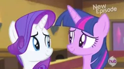 Size: 1233x689 | Tagged: alicorn, derpibooru import, hub logo, looking at each other, new episode, rarity, rarity takes manehattan, safe, screencap, smiling, twilight sparkle, twilight sparkle (alicorn)