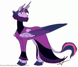 Size: 2707x2343 | Tagged: safe, artist:twilightdreamkeeper, derpibooru import, twilight sparkle, twilight sparkle (alicorn), alicorn, classical unicorn, pony, unicorn, clothes, cloven hooves, collar, colored wings, cuffs (clothes), dress, elizabethan, leonine tail, ruff (clothing), ruffles, simple background, solo, unshorn fetlocks, white background, wings