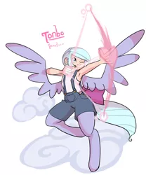 Size: 1701x2044 | Tagged: archery, armpits, arrow, artist:moronsonofboron, bow and arrow, bow (weapon), clothes, cloud, cute, derpibooru import, missing accessory, oc, oc:tonbo, offspring, one eye closed, overalls, parent:flitter, safe, satyr, solo, unofficial characters only, weapon, winged satyr