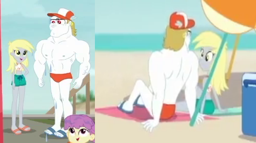 Size: 499x278 | Tagged: safe, derpibooru import, screencap, bulk biceps, derpy hooves, water lily (equestria girls), equestria girls, equestria girls series, too hot to handle, x marks the spot, beach, clothes, cropped, derpybulk, female, male, midriff, shipping, straight, swimsuit