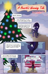 Size: 3513x5333 | Tagged: safe, artist:takaneko13, derpibooru import, oc, oc:vocal gamer, unofficial characters only, pegasus, pony, comic:a hearth's warming tale, alone, comic, dialogue, hearth's warming, holiday, house, light, male, monologue, narration, night, shiny, snow, talking, tree