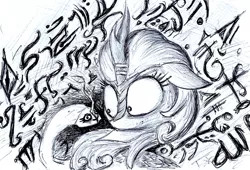 Size: 1000x680 | Tagged: artist:t72b, autumn blaze, autumn blaze's disaster puppet, autumn blaze's puppet, bust, derpibooru import, eldritch horror, female, floppy ears, kirin, mare, monochrome, possession, safe, scared, sounds of silence, stick, traditional art