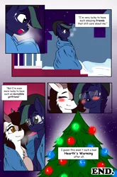 Size: 3513x5333 | Tagged: safe, artist:takaneko13, derpibooru import, oc, oc:koneko, oc:vocal gamer, unofficial characters only, kirin, pegasus, pony, comic:a hearth's warming tale, blanket, blushing, cold, comic, dialogue, female, glasses, hat, horns, house, koncal, lights, male, narration, night, snow, stars, tree