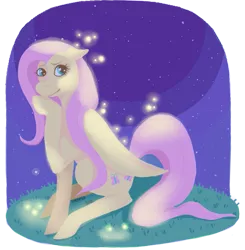 Size: 557x568 | Tagged: safe, artist:denkis, derpibooru import, fluttershy, firefly (insect), insect, pegasus, pony, cute, floppy ears, lineless, night, shyabetes, sitting, solo, stars