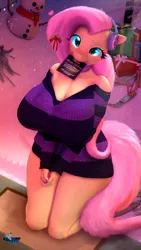 Size: 1800x3200 | Tagged: suggestive, artist:hooves-art, derpibooru import, fluttershy, anthro, bat pony, pegasus, art pack:warming butt's, 3d, 4k, adorasexy, bare shoulders, big breasts, breasts, busty fluttershy, christmas, clothes, cute, daaaaaaaaaaaw, earmuffs, engrish, female, flutterbat, heart, holiday, huge breasts, kneeling, mouth hold, nail polish, present, race swap, sexy, shyabetes, snow, snowman, solo, solo female, source filmmaker, sweater, sweatershy