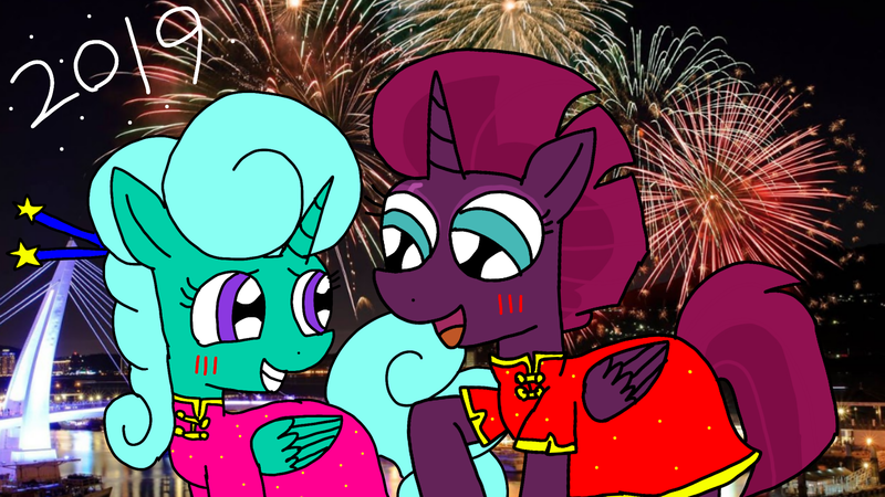 Size: 1920x1080 | Tagged: 2019, alicorn, alicornified, artist:徐詩珮, cheongsam, clothes, derpibooru import, female, fizzlepop berrytwist, glittercorn, glitter drops, glittershadow, happy new year 2019, lesbian, new year, night, race swap, safe, shipping, tempesticorn, tempest shadow