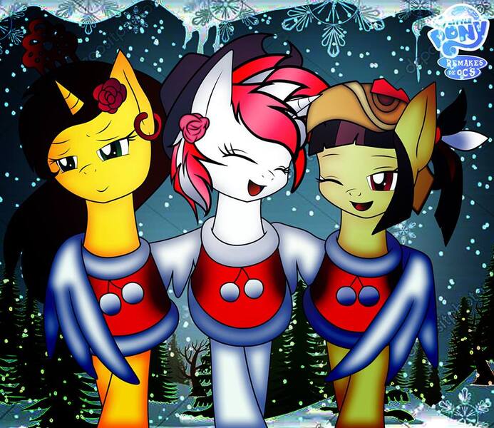 Size: 960x831 | Tagged: safe, artist:remakes de ocs, derpibooru import, oc, oc:olé españa, oc:princess peruvia, oc:tailcoatl, ponified, alicorn, pegasus, pony, unicorn, female, logo, mexico, nation ponies, new year, peru, spain