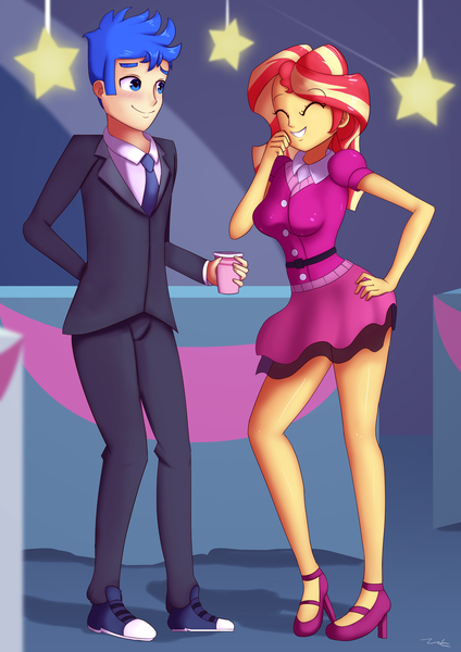 Size: 2480x3508 | Tagged: safe, artist:zelc-face, derpibooru import, flash sentry, sunset shimmer, equestria girls, equestria girls series, spoiler:eqg series (season 2), beverage, clothes, commission, converse, dress, drink, eyes closed, female, flashimmer, legs, male, miniskirt, shipping, shoes, skirt, smiling, sneakers, straight, suit