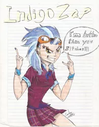 Size: 1024x1313 | Tagged: safe, artist:x-force02ranger, derpibooru import, indigo zap, equestria girls, clothes, crystal prep academy uniform, devil horn (gesture), female, fuck you, goggles, lined paper, middle finger, school uniform, solo, traditional art, vulgar