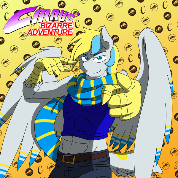 Size: 6107x6106 | Tagged: abs, abstract background, absurd resolution, anthro, artist:in3ds2, belt, clothes, derpibooru import, jojo pose, jojo's bizarre adventure, oc, oc:cirrus sky, pointing, safe, scarf, smiling, smirk, spread wings, wings