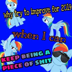 Size: 1440x1440 | Tagged: safe, derpibooru import, rainbow dash, pegasus, pony, 2019, :<, :i, blue background, faic, female, flying, frown, glare, grin, happy new year, head tilt, holiday, looking at you, mare, meme, punch, rainbow douche, raised eyebrow, sad, shitposting, shrug, shrugpony, simple background, smiling, smirk, spread wings, sunglasses, text, uppercut, vulgar, wide eyes, wings