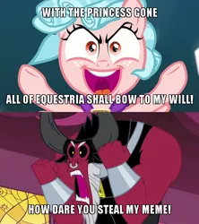 Size: 640x720 | Tagged: safe, derpibooru import, edit, edited screencap, screencap, cozy glow, lord tirek, pony, school raze, twilight's kingdom, angry, caption, crazy glow, crossing the memes, everyone steals tirek's meme, exploitable meme, female, filly, foal, image macro, insanity, meme, pure concentrated unfiltered evil of the utmost potency, pure unfiltered evil, rage, subverted meme, text, tirek vs everyone meme