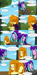 Size: 2000x4000 | Tagged: safe, artist:jake heritagu, derpibooru import, adagio dazzle, aria blaze, comic:aria's archives, equestria girls, bench, cigarette, clothes, comic, dialogue, dress, female, hoodie, park bench, smoking, speech bubble, tree