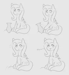 Size: 1600x1756 | Tagged: safe, artist:c0pter, derpibooru import, fluttershy, pegasus, pony, :3, :>, :p, behaving like a cat, caught, cute, female, lineart, looking at you, mare, meow, monochrome, nervous, raised hoof, shyabetes, silly, simple background, sitting, solo, sweat, tilde, tongue out, vase, white background, wide eyes