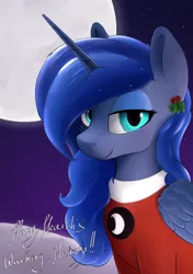 Size: 3541x5016 | Tagged: safe, artist:whiskeypanda, derpibooru import, princess luna, alicorn, pony, clothes, cutie mark clothes, female, hearth's warming, looking at you, mare, moon, night, smiling, snow, sweater, text