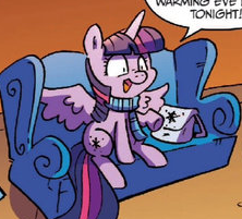 Size: 222x201 | Tagged: alicorn, bag, clothes, couch, derpibooru import, idw, safe, scarf, solo, spoiler:comicholiday2015, twilight sparkle, twilight sparkle (alicorn)