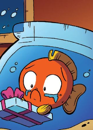 Size: 320x444 | Tagged: safe, derpibooru import, idw, puddles (fish), fish, spoiler:comicholiday2015, crying, fish bowl, present, sad