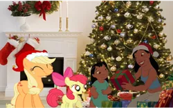 Size: 900x563 | Tagged: safe, artist:brion24, derpibooru import, apple bloom, applejack, pony, christmas, christmas tree, crossover, hearth's warming eve, holiday, irl, lilo and stitch, mele kalikimaka, photo, ponies in real life, tree, vector