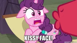 Size: 600x337 | Tagged: big macintosh, caption, derpibooru import, edit, edited screencap, hammock, hard to say anything, image macro, i'm your biggest fanatic, safe, scared, screencap, spongebob squarepants, sugar belle, text