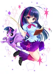 Size: 2480x3508 | Tagged: safe, artist:スピカ, derpibooru import, twilight sparkle, twilight sparkle (alicorn), alicorn, pony, equestria girls, anime, book, clothes, cute, female, human coloration, human ponidox, leg warmers, mare, moe, pixiv, pleated skirt, quill, self ponidox, shoes, skirt, skirt lift, solo, twiabetes