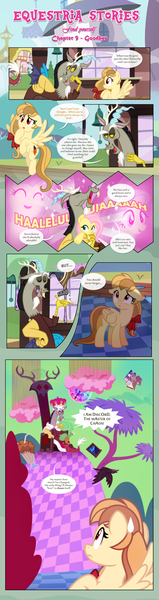 Size: 1919x7256 | Tagged: safe, artist:estories, derpibooru import, discord, fluttershy, oc, oc:alice goldenfeather, draconequus, pegasus, pony, comic:find yourself, comic, dialogue, discord's throne, female, finger snap, floppy ears, hallelujah, male, mare, plushie, ponyville train station, sweat, sweatdrop