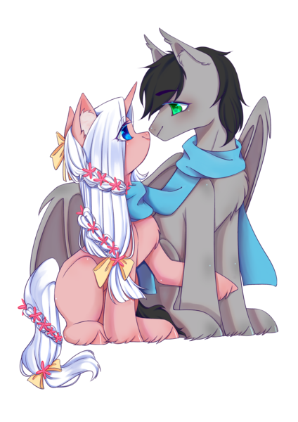 Size: 2480x3508 | Tagged: safe, artist:夏米, derpibooru import, oc, oc:terry longmore, oc:夏米, bat pony, pony, unicorn, bat pony oc, bat wings, couple, size difference, wings