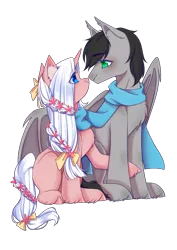 Size: 2480x3508 | Tagged: safe, artist:夏米, derpibooru import, oc, oc:terry longmore, oc:夏米, bat pony, pony, unicorn, bat pony oc, bat wings, couple, size difference, wings