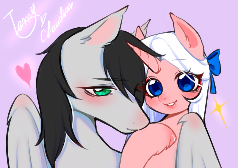 Size: 3508x2480 | Tagged: safe, artist:夏米, derpibooru import, oc, oc:terry longmore, oc:夏米, bat pony, pony, unicorn, bat pony oc, bat wings, couple, size difference, wings