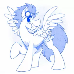 Size: 1643x1643 | Tagged: safe, artist:bcpony, derpibooru import, soarin', pegasus, pony, goggles, grin, looking at you, male, monochrome, raised hoof, smiling, solo, spread wings, stallion, wings