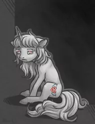 Size: 394x516 | Tagged: safe, artist:dany-the-hell-fox, derpibooru import, oc, oc:złata, unofficial characters only, pony, unicorn, cutie mark, female, floppy ears, hooves, horn, mare, sad, sitting, solo