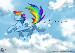 Size: 1280x904 | Tagged: safe, artist:glacierponi, artist:sitrirokoia, derpibooru import, rainbow dash, pegasus, pony, 20% cooler, cloud, eyes closed, headphones, music notes, solo