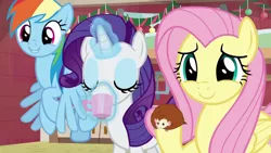 Size: 1280x720 | Tagged: safe, derpibooru import, screencap, fluttershy, rainbow dash, rarity, hedgehog, pegasus, pony, unicorn, hearth's warming shorts, mystery voice, drinking, magic, mug, telekinesis, trio