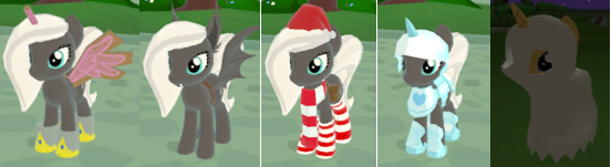 Size: 552x151 | Tagged: safe, derpibooru import, oc, oc:woona (loe), unofficial characters only, bat pony, pony, unicorn, all-i-corn, all-i-corn costume, bat ears, batpony costume, bedsheet ghost, canterlot, cantermore, clothes, costume, fangs, game screencap, ghost costume, halloween, halloween costume, harmonious armor, holiday, legends of equestria, scarf, socks, stocking cap, striped socks, wings