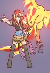 Size: 1136x1630 | Tagged: safe, artist:fatamorganaedic, derpibooru import, sunset shimmer, moltres, equestria girls, fiery shimmer, pokémon, pokémon trainer