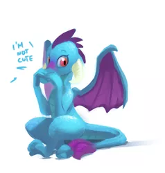 Size: 2392x2512 | Tagged: artist:remi721, blatant lies, blushing, covering mouth, cute, derpibooru import, embarrassed, emberbetes, i'm not cute, lies, looking at you, princess ember, safe, simple background, sitting, solo, spread wings, three quarter view, white background, wings