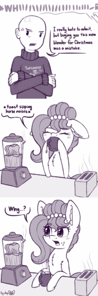 Size: 1024x3072 | Tagged: safe, artist:dsp2003, derpibooru import, oc, oc:brownie bun, oc:richard, earth pony, human, pony, horse wife, asdfmovie, blender (object), blushing, bread, clothes, coffee mug, comic, cross-popping veins, descriptive noise, female, food, hello, loss (meme), male, mare, mine turtle, monochrome, mug, open mouth, parody, speech bubble, sweater, this will end in property damage, toast, toaster, updated