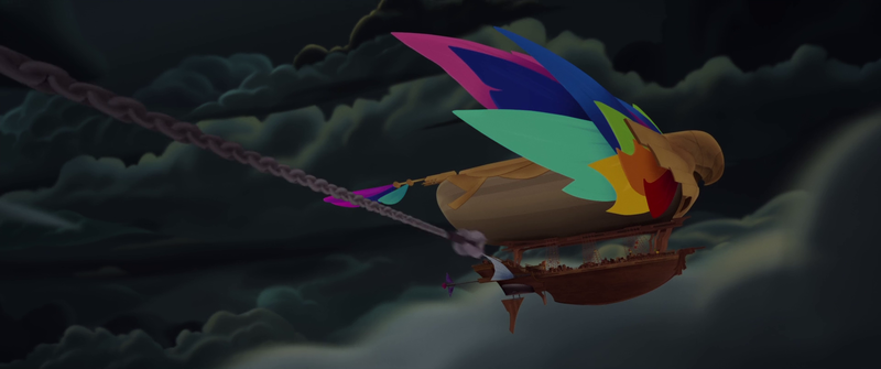 Size: 1920x804 | Tagged: airship, celaeno's airship, chains, cloud, derpibooru import, harpoon, my little pony: the movie, no pony, safe, screencap, sea of clouds