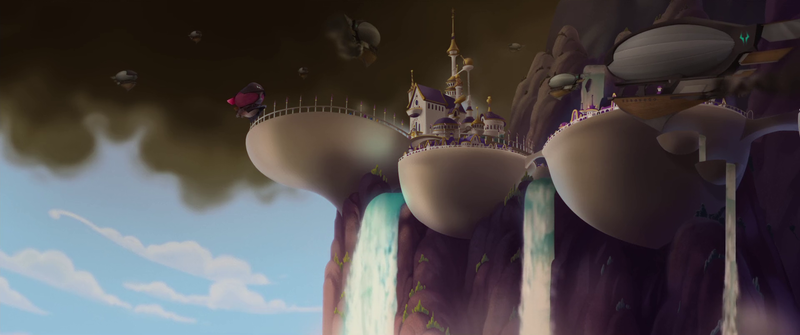 Size: 1920x804 | Tagged: airship, canterlot, canterlot castle, city, cloud, derpibooru import, my little pony: the movie, no pony, safe, scenery, screencap, storm king's ship, waterfall