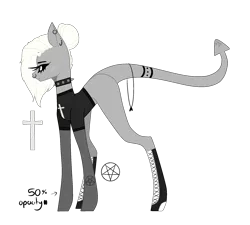 Size: 2000x1800 | Tagged: artist:kookiebeatz, black sclera, blank flank, boots, choker, clothes, colored sclera, cross, cut, demon, demon pony, derpibooru import, ear piercing, earring, edgy, edgy as fuck, female, goth, jewelry, mare, nose piercing, nose ring, oc, oc:akuma (ice1517), original species, piercing, safe, scar, shirt, shoes, simple background, solo, spiked choker, tattoo, transparent background, t-shirt, unofficial characters only, white eyes